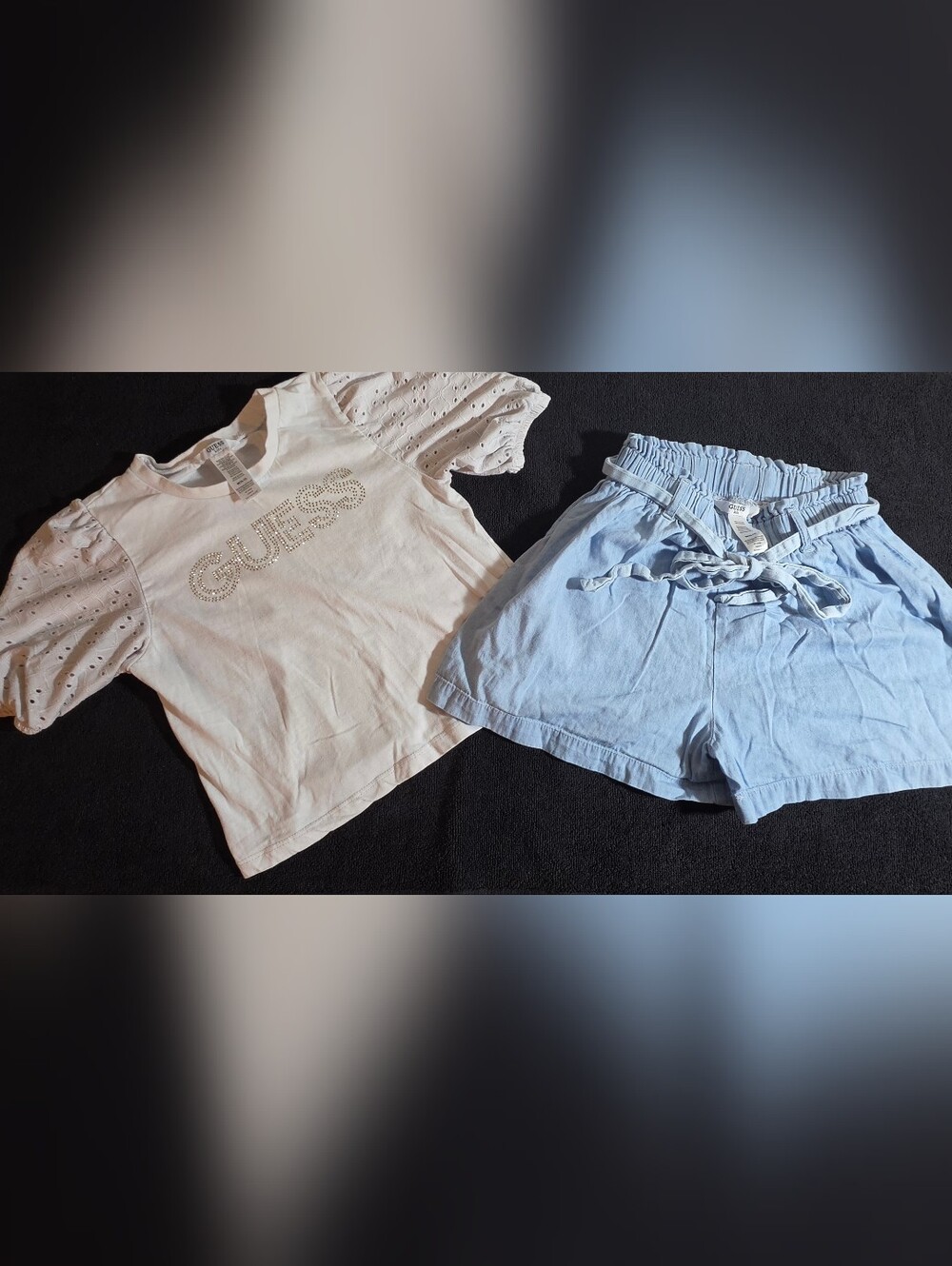 GUESS White Eyelet Sleeve Tee & Light Blue Paperbag Shorts Set
